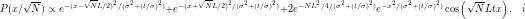 \begin{equation*} P(x/\sqrt{N})\propto e^{-(x - \sqrt{N} L/2)^2/(\sigma^2 +(t/\sigma)^2)} + e^{-(x + \sqrt{N} L/2)^2/(\sigma^2 +(t/\sigma)^2)} + 2e^{-NL^2/4/(\sigma^2 +(t/\sigma)^2)} e^{-x^2/(\sigma^2 +(t/\sigma)^2)}\cos\left ( \sqrt{N}Ltx \right ). \quad i \end{equation*}