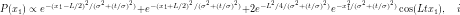 \begin{equation*} P(x_1)\propto e^{-(x_1 - L/2)^2/(\sigma^2 +(t/\sigma)^2)} + e^{-(x_1 + L/2)^2/(\sigma^2 +(t/\sigma)^2)} + 2e^{-L^2/4/(\sigma^2 +(t/\sigma)^2)} e^{-x_1^2/(\sigma^2 +(t/\sigma)^2)}\cos(Ltx_1), \quad i \end{equation*}